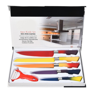 Ensemble de 6 couteaux de cuisine antiadhésifs colorés, lames en acier inoxydable, manche antidérapant en PP, avec éplucheur, boîte colorée pour la vente en supermarché - Product Image 2