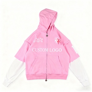 Sweat à capuche zippé décontracté Y2K unisexe en molleton épais rose surdimensionné à manches courtes avec design superposé style streetwear - Product Image 3