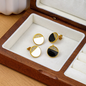 Fashion <b>Stud</b> <b>Earrings</b> Geometric Round <b>Black</b> White Zircon Inlay Bezel Setting Party Jewelry for Women - Product Image 1