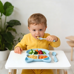 Set de Alimentación para Bebés de Silicona de Grado Alimenticio - Diseño Moderno con Patrón de Dibujos Animados, Plato Dividido No Tóxico, Apto para Microondas y Lavavajillas - Product Image 6