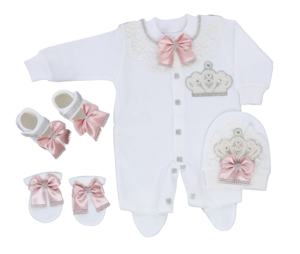 Peleles de manga larga de bambú para bebés, conjunto de pelele moderno personalizado de 4 piezas, 100% algodón, de alta calidad, rubor perla, venta al por mayor - Product Image 1