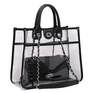 Custom High Quality Fashion Clear PVC Beach Tote Shopping Bag With Sling Bag 2pcs Women Handbag Set