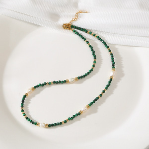 Elegante Collar de Perlas de Agua Dulce y Malaquita, Cadena de Clavícula de Acero Inoxidable, Gargantilla con Cuentas Delicadas para Regalo - Product Image 3