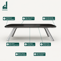 Mesa de Reuniones Ejecutiva Premium con Soporte Diagonal en las Patas Laterales, Chapa Negra, Base Plateada Satinada y Toma de Corriente Oculta para Oficina