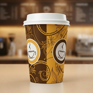 Coffee <b>Cup</b> With <b>Steam</b> Logo And Ornamental Pattern Brown And Gold Design Disposable Single Wall Hot Drink Use - Product Image 1