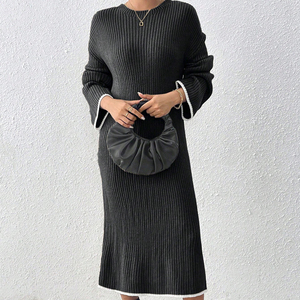 Enyami gaun kasual wanita lengan panjang, gaun pesta kasual leher bulat warna polos, gaun elegan Turtleneck rajut harian untuk wanita - Product Image 2
