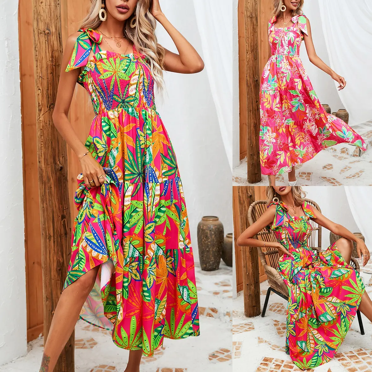 2024 Summer casual Dress for women Leaf Print Wrapped Chest Strap Fashion Trendy beach wear women Clothes