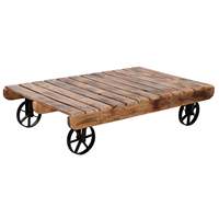 Table basse en bois de manguier et métal 130x80x32 cm avec roulettes finition naturelle