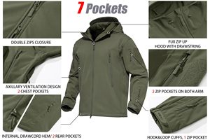 Chaquetas Tácticas de Senderismo para <span class=keywords><strong>Hombre</strong></span> Rompevientos con Capucha Impermeable Gruesa de Forro Polar Cálido Piel de Tiburón Softshell - Product Image 5