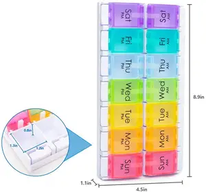 Hot Sales Grande Capacidade 7-Day AM/PM PP Medicina Caixa Estilo Moderno Botão Pílula Organizador em Cores Misturadas Do Arco-íris portátil