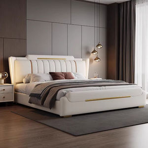 Ensemble de lit en cuir italien de luxe pour la maison, style moderne minimaliste élégant, lit <span class=keywords><strong>king</strong></span>-size éclairé de 1,8 m, lit capitonné design avec rangement - Product Image 2