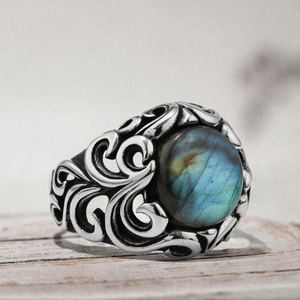 Vintage Stainless Steel <b>Ring</b> Oval <b>Labradorite</b> Stone Inlay Scroll Pattern Mens Jewelry BEST for Gift Party - Product Image 3