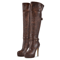 Bottines en similicuir pour femmes, à talon aiguille, plateforme, décorées de boucles, à hauteur de cuisse