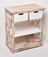 Console d'entrée rustique en bois blanc vieilli avec 2 tiroirs, meuble d'appoint en bois avec piètement en X, rangement en bois