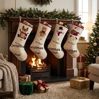 Nouvelle chaussette de Noël écologique, douce, brodée, avec motifs mignons de panda, bonhomme de neige et renne, pour la décoration de fêtes.