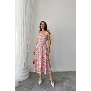 Robe en viscose rose à motifs floraux, col carré, coupe évasée, taille naturelle, respirante, pour un usage quotidien, robe décontractée - Product Image 4