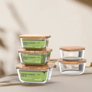 3 Pc Vierkante Maaltijd Prep Box Sets Lunch Bento Box Sets Verse Voedsel Glas Voedsel Opslag Containers Met Acacia Deksels