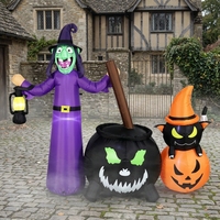 Décoration Gonflable d'Halloween : Combo Sorcière Violette avec Chapeau de Sorcière, Chat Noir et Citrouille Lumineuse pour Vitrine de Jardin ou Magasin