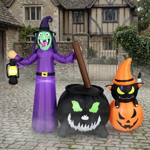 Combo Inflable de Bruja de Halloween: Vestido Morado con Sombrero de Caldero, Gato Negro y Calabaza Luminosa para Decoración de Jardín y Tienda - Product Image 1