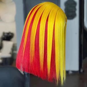 Perruque courte <span class=keywords><strong>bob</strong></span> en cheveux humains vierges à 100 %, dentelle frontale 13x4, <span class=keywords><strong>jaune</strong></span> et rouge, ligne de cheveux naturelle, raie au milieu, pour <span class=keywords><strong>femme</strong></span> - Product Image 3