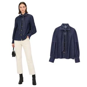 Camisa vaquera de manga larga con lazo y cuello de solapa, ajustada, estilo americano, para mujer, venta al por mayor - Product Image 1