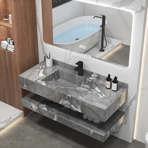Meuble-lavabo de salle de bain personnalisé avec lavabo en pierre frittée gris effet roche, évier en céramique intelligent à <span class=keywords><strong>LED</strong></span> et plateau en marbre à deux couches - Product Image 3