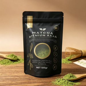 Bolsas de Embalaje Resellables Negras Impresas Personalizadas, Bolsa Premium de 100g para Polvo de Alimentos, Matcha, Granos de Café, Té Verde, con Ventana - Product Image 1