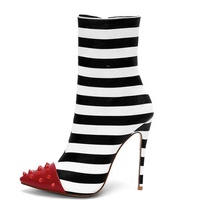 Bottes à bout pointu pour femme, talons hauts, mi-mollet, à rayures blanches et noires, à la mode, nouvelle collection hiver