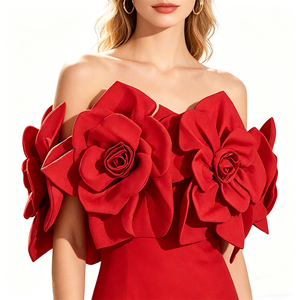 Abito <span class=keywords><strong>da</strong></span> <span class=keywords><strong>sera</strong></span> rosso senza spalline con applicazione 3D di rose <span class=keywords><strong>oversize</strong></span>, scollo a barca, linea ad A, lunghezza al pavimento, abito formale <span class=keywords><strong>da</strong></span> donna personalizzabile - Product Image 4