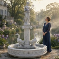 Fontaine d'eau en marbre de fabrication industrielle avec sculpture de déesse Iris, motif bouquet d'iris et canard, pour Villa, Hôtel, Jardin, Propriété, Parc