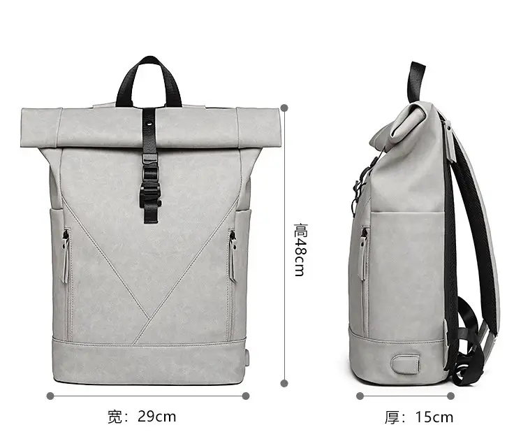 High Quality In Stock Custom Waterproof PU Leather Roll Top Backpack Business Travel Computer Backpack For Men