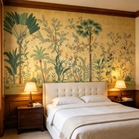 Papier peint tropical palmiers et oiseaux, Murale chinoiserie jaune, Mur d'ambiance de luxe pour Villa, Hôtel, Club, Salle à manger et Chambre