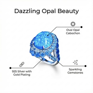 Кольцо с большим овальным камнем из голубого опала, маленькое круглое обручальное кольцо для женщин, классическое серебряное обручальное кольцо, ювелирное изделие - Product Image 1