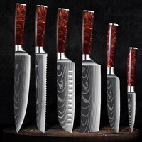 Set de couteaux de cuisine 1 à 10 pièces couteau de chef laser damas pointu Santoku Cleaver couteaux utilitaires à trancher manche en résine rouge acier