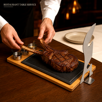 Ensemble de service pour steak Tomahawk CosBao, base en bambou avec plaque en pierre de lave noire et bols à sauce