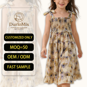 Robe <span class=keywords><strong>Fille</strong></span> en Coton Tissé à Imprimé Floral Bohème Numérique, Sans Manches, Bretelles à Nouer, Ourlet Volanté Étages, Coupe Trapèze, Respirante - Product Image 1