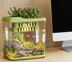 Acquario Moderno Piccolo per Pesci Rossi e <span class=keywords><strong>Tartarughe</strong></span>, in Plastica e Vetro Trasparente, per Uso Interno in Soggiorno, Ufficio o Scrivania - Product Image 1