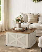 Table basse rectangulaire de rangement pour la collection LIRY, avec compartiment caché et couvercles rabattables, en bois style ferme, pour salon
