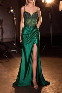 <span class=keywords><strong>Abito</strong></span> da Sera Verde con Spalline Sottili, Decorato con Strass e Perline, Senza Maniche con Spacco per Donne - Product Image 3