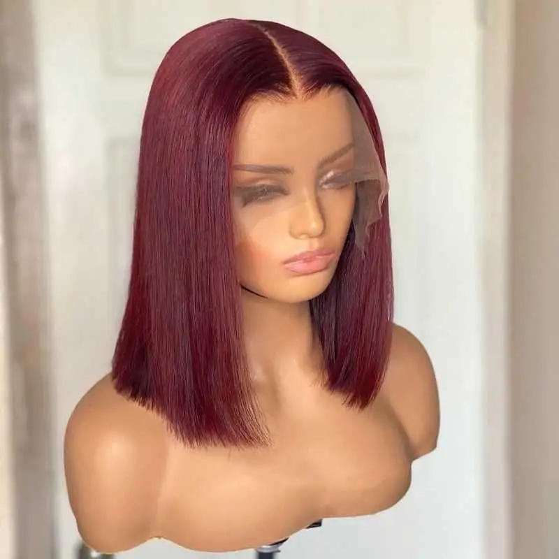 Hot Selling Factory Cheap Short Bob Wigs Human Hair 13x4 Lace Front 99J Red Color Bob Wig With Preplucked Hairline For Womens