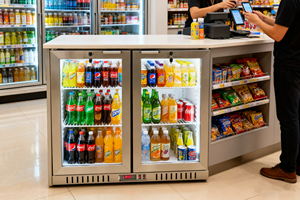 Double glass door commercial stainless steel embedded 3 bar refrigerator R600a, used for displaying fruit drinks and beer - Product Image 3