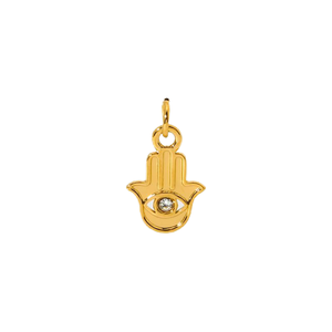 Gold Plated <b>Hamsa</b> Hand Charm With Diamond Eye Bezel Set Unisex Religious Pendant Jewelry Gift - Product Image 4