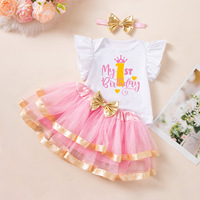 Tenue photo pour le premier anniversaire de bébé fille : Barboteuse à manches bouffantes motif dessin animé, jupe en tulle moelleuse à bordure dorée et ensemble bandeau – Vêtements pour bébé