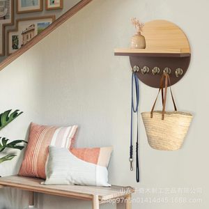 Wooden <b>Wall</b> <b>Mounted</b> Key Hook Rack Round <b>Shelf</b> Brown Multipurpose Entryway Storage Flush Mounting - Product Image 2