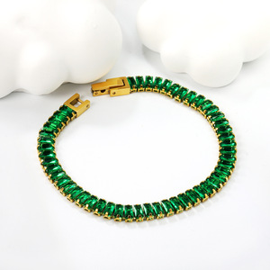 Elegant Green <b>Crystal</b> <b>Bracelet</b> 18k Gold Plated Stainless Steel Channel Setting Geometric Design Gift Jewelry for Women - Product Image 1