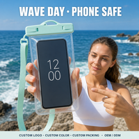 Pochette de téléphone transparente et étanche personnalisée avec fermeture à glissière bleue et cordon pivotant, sac étanche pour piscine et voyage