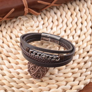 Men's <b>Leather</b> <b>Bracelet</b> Stainless Steel Chain Cross Pattern 7.5in 8.5in 9in Gift Jewelry - Product Image 1