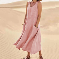 Robe Vintage Élégante pour Femme, Sans Manches, Col Rond, Taille Mi-Haute, Coupe Trapèze, en Coton et Lin avec Poches et Design Texturé 3D