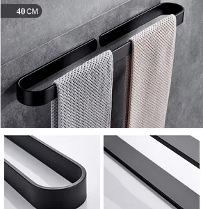 Self Adhesive Aluminum Matt Black Towel Bar Bathroom Towel Holder 40cm Bathroom Slippers Holder