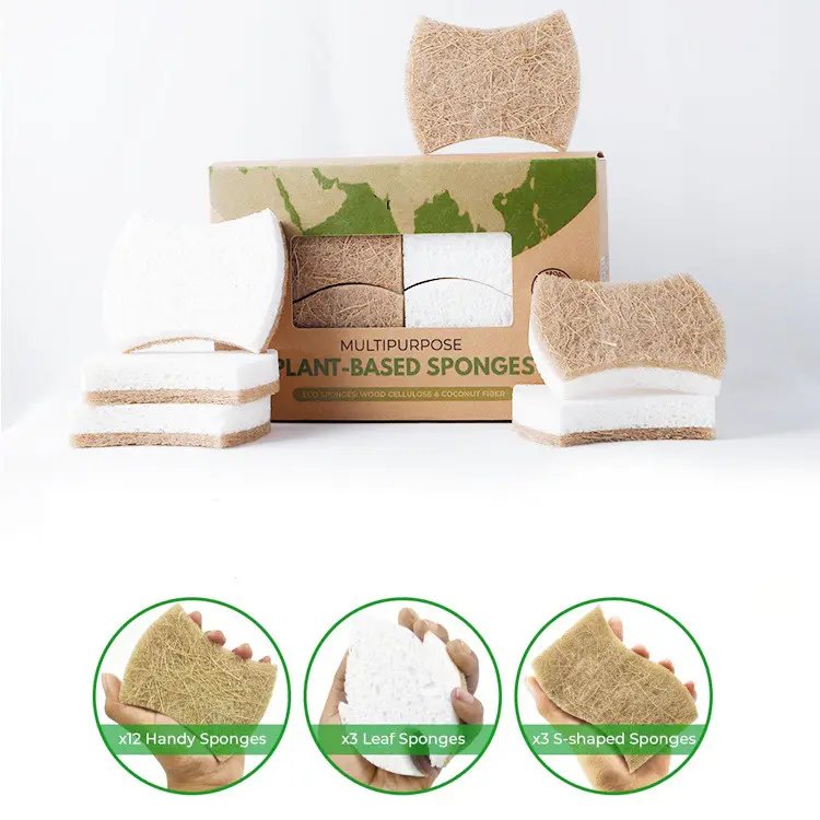 Esponja biodegradável 8 / 12 unidades, para cozinha, celulose, côco, noz, esponja de limpeza, lavagem de louça